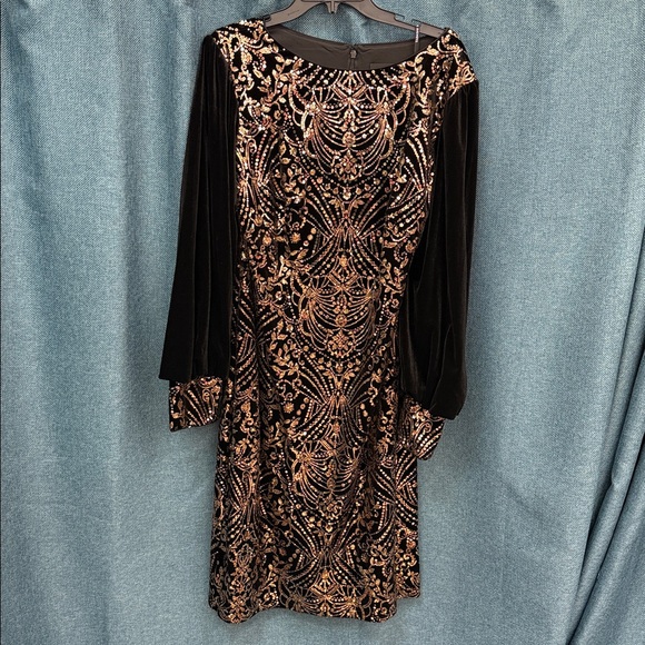 NWT TADASHI SHOJI Hazine Sequin Embroidered Velvet Dress BLACK GOLD